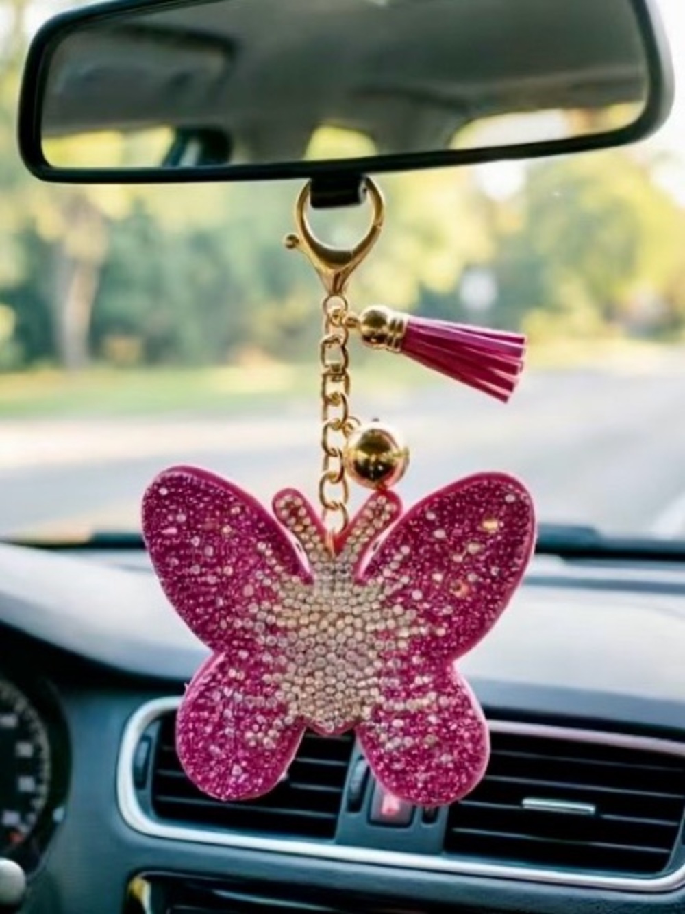 Beautiful Pink Crystal Butterfly Tassel Bag Charm Keychain - Picture 2 of 2